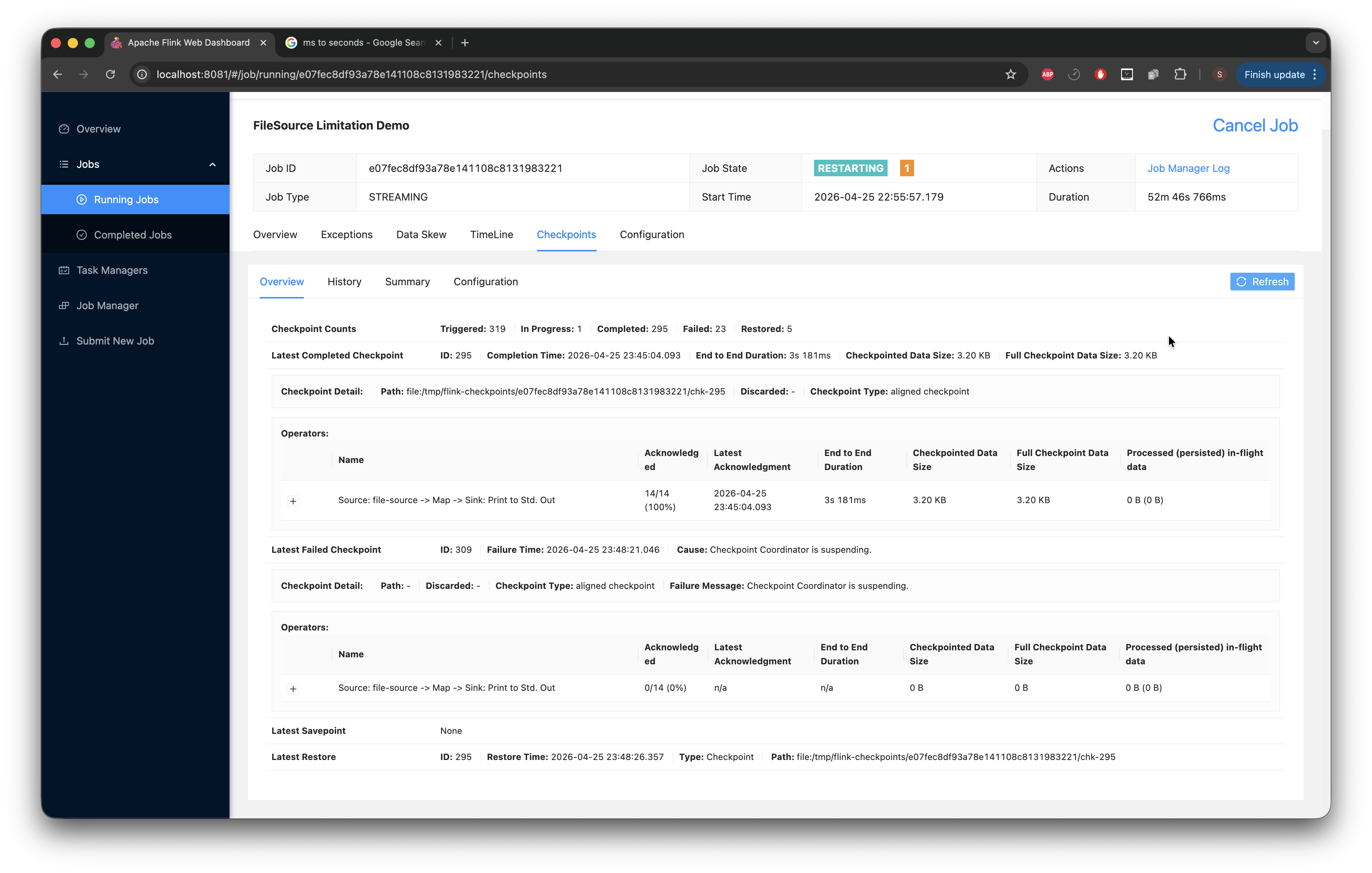 Checkpoint failure in Flink UI