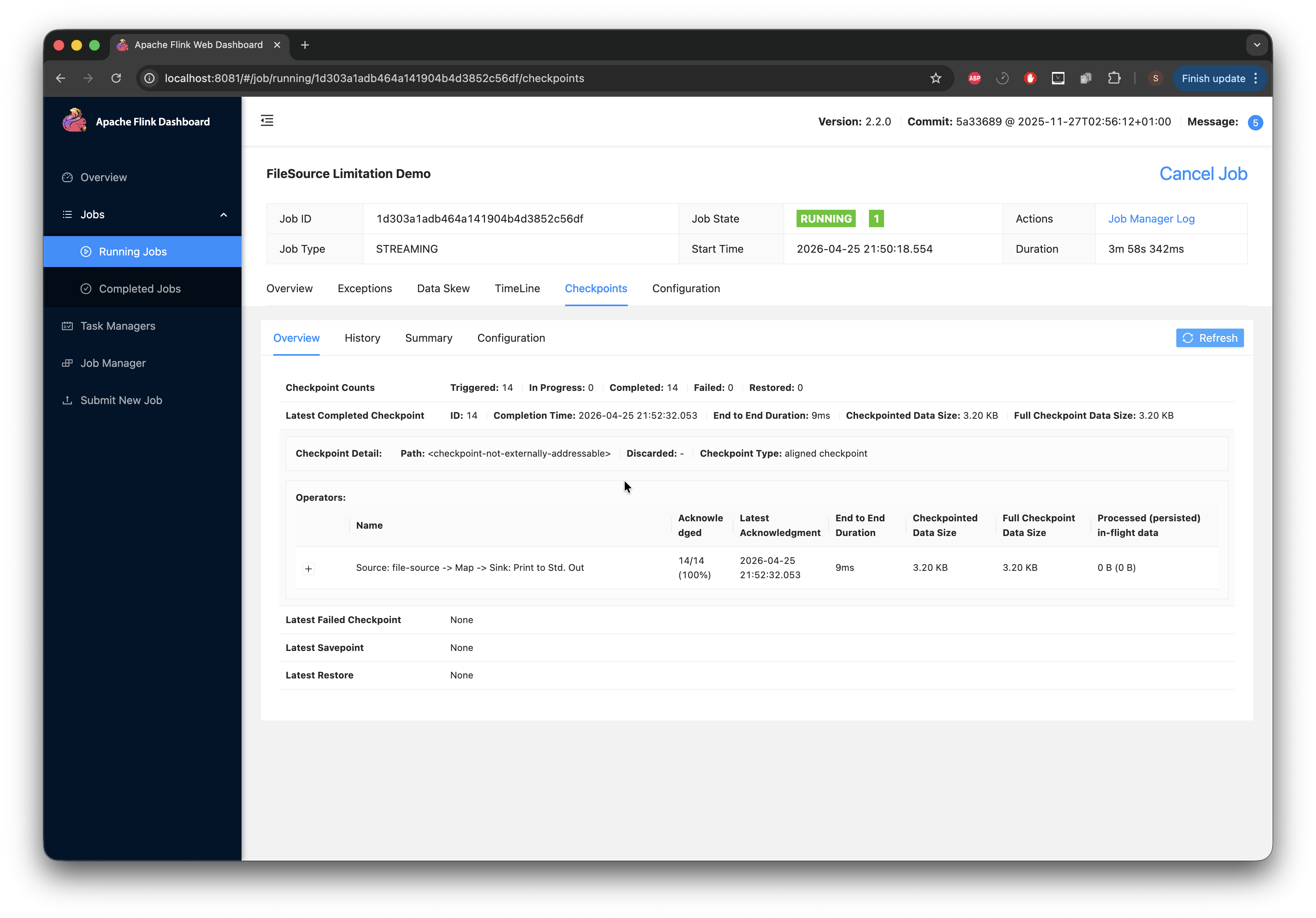 Flink UI checkpoint duration at 9ms